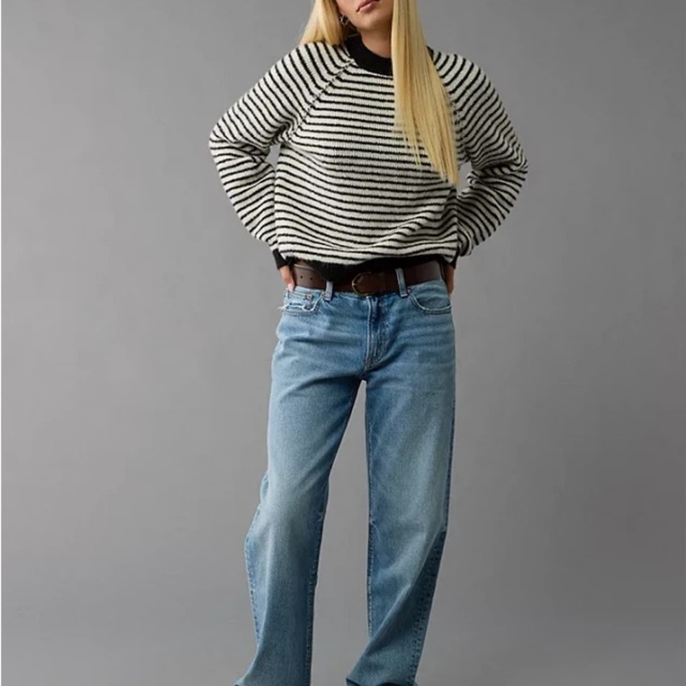 American‎ Eagle Navy/ Ivory Striped Pull-Over Sweater Brushed Knit Size XS